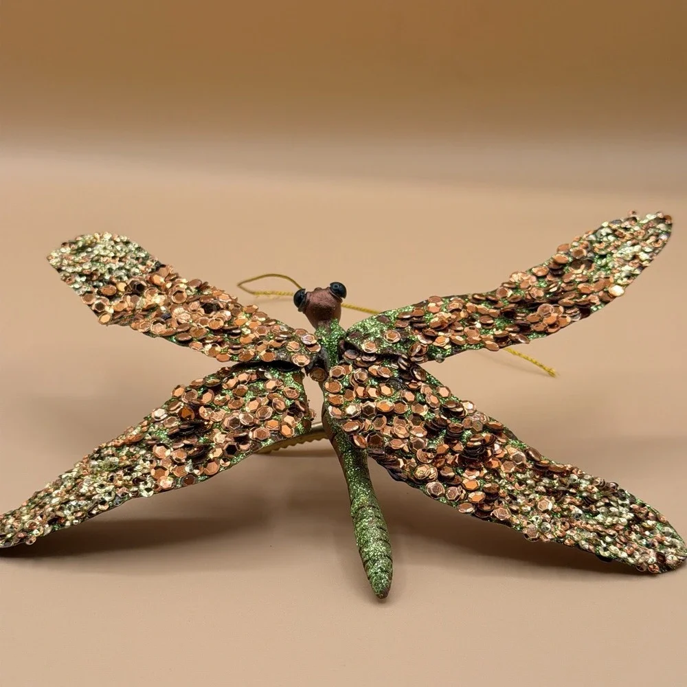 Large Glitter Dragonfly Clip Ornament Gold Sequin Green Sparkle Hanging Decor